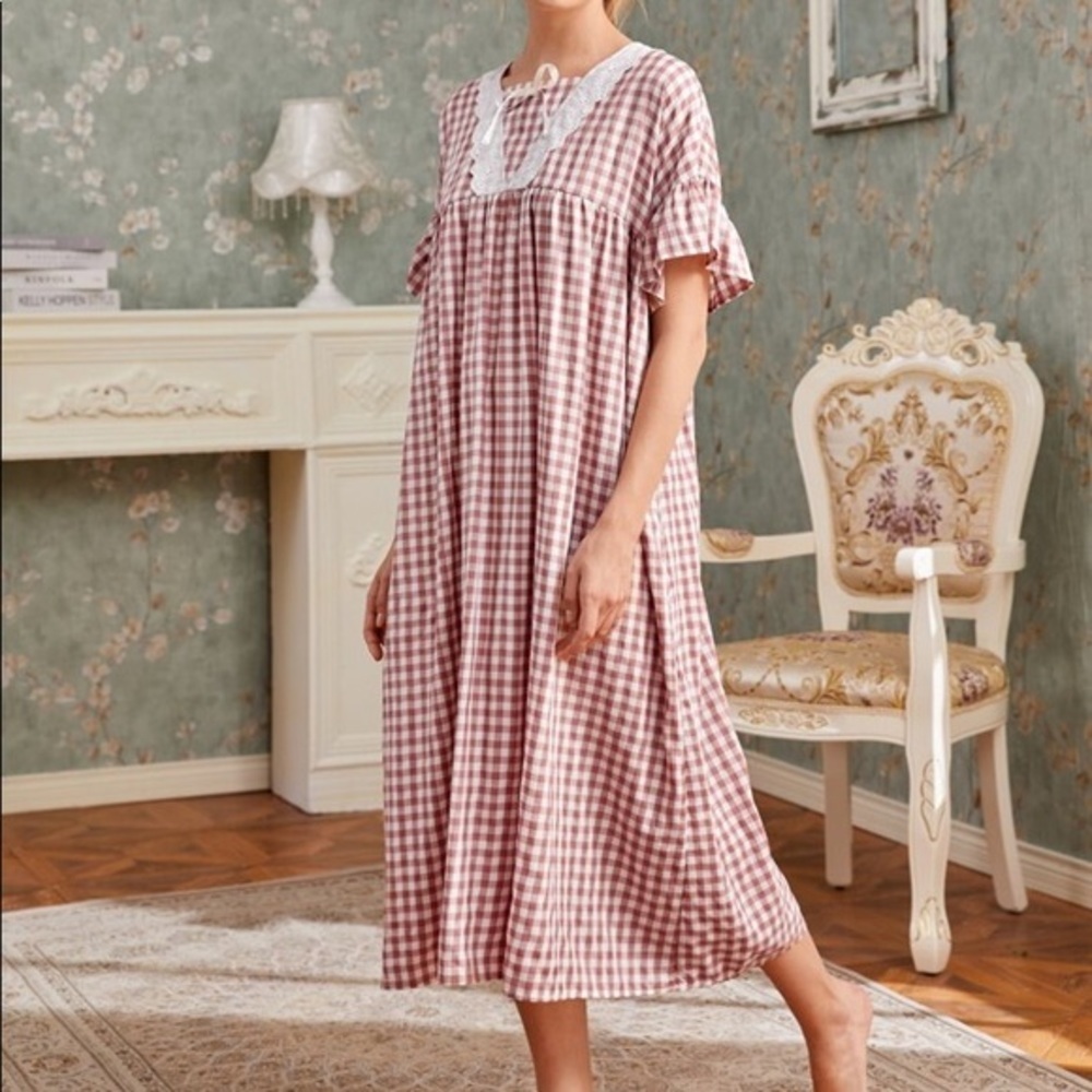 New Plaid Vintage Ruffle Lace Nightgown